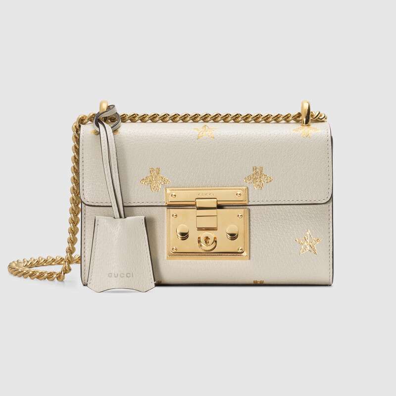 G*u*i gg women padlock bee star small shoulder bag in leather with gold bees and stars print