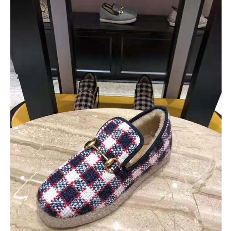 G*u*i unisex gg check tweed loafer in blue white and red check tweed
