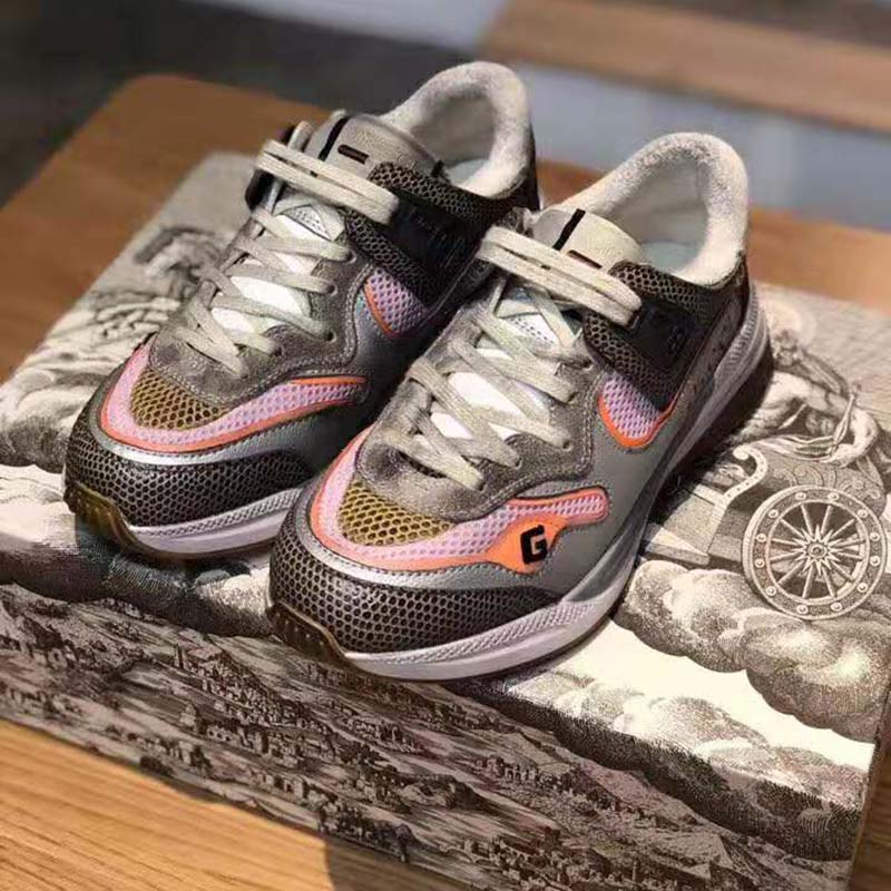 G*u*i unisex ultrapace sneaker with embroidered G*u*i and interlocking g in metallic leather-grey