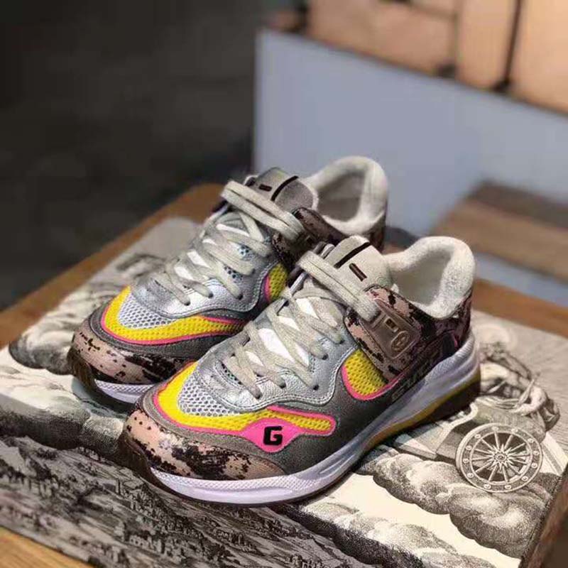 G*u*i unisex ultrapace sneaker with embroidered G*u*i and interlocking g in metallic leather-pink