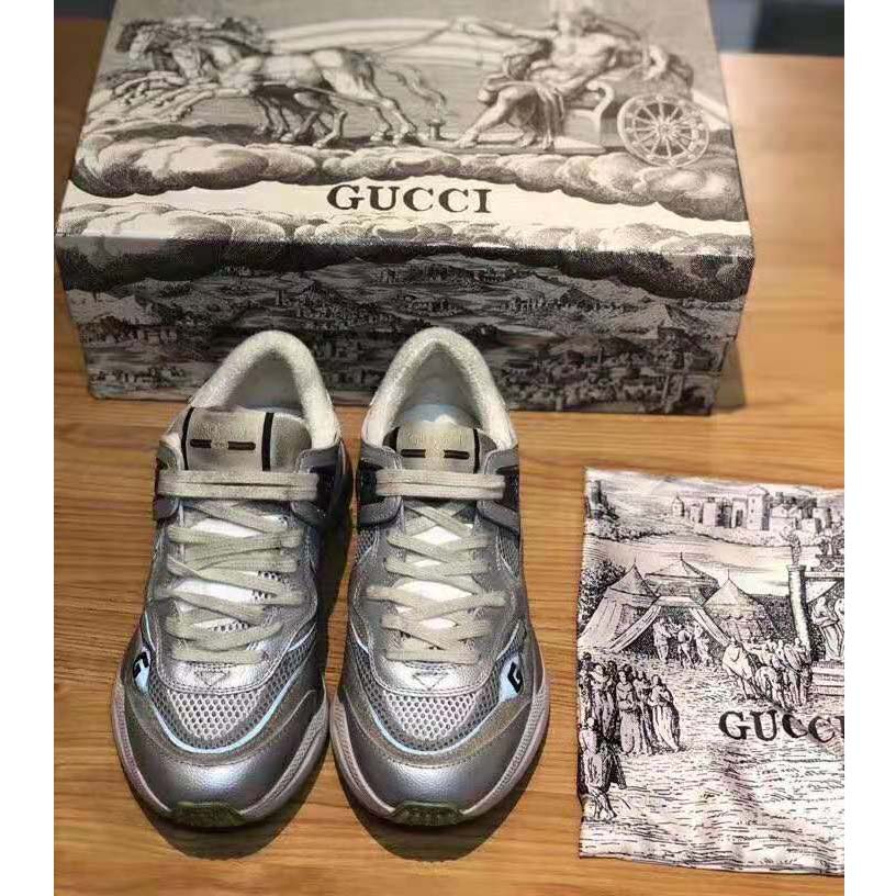 G*u*i unisex ultrapace sneaker with embroidered G*u*i and interlocking g in metallic leather-silver