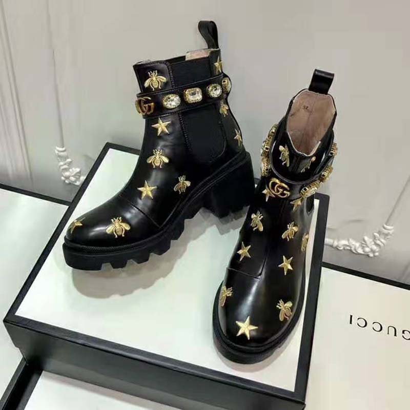 G*u*i women G*u*i embroidered leather ankle boot with belt in black leather 6 cm heel