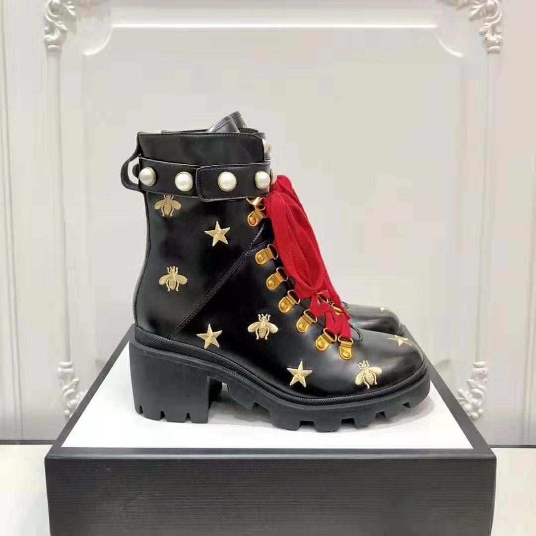 G*u*i women G*u*i leather embroidered ankle boot in black leather 8.9 cm-red