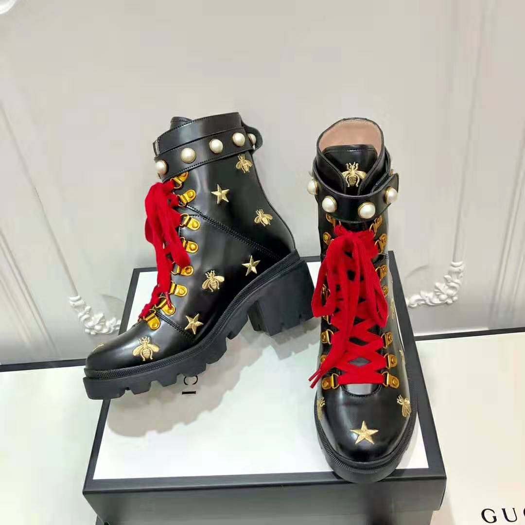 G*u*i women G*u*i leather embroidered ankle boot in black leather 8.9 cm-red