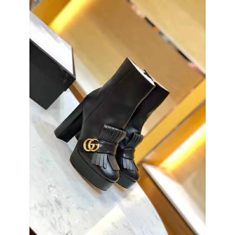 G*u*i women leather ankle boot with fringe double g hardware-black