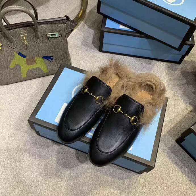 G*u*i women princetown leather slipper with lamb wool-black