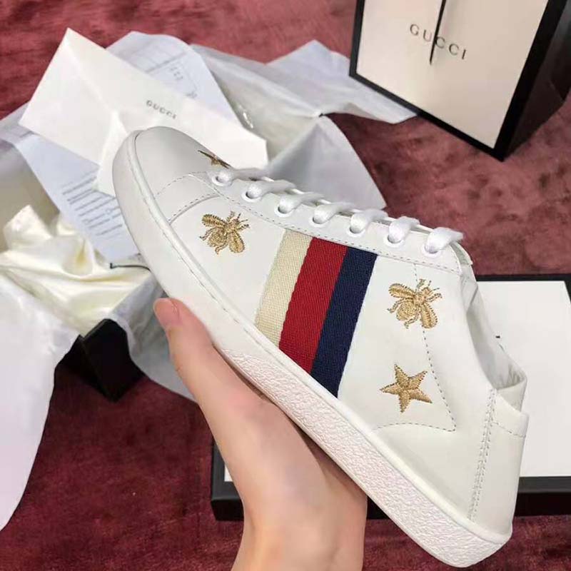 G*u*i women’s ace embroidered sneaker in white leather with bees and stars