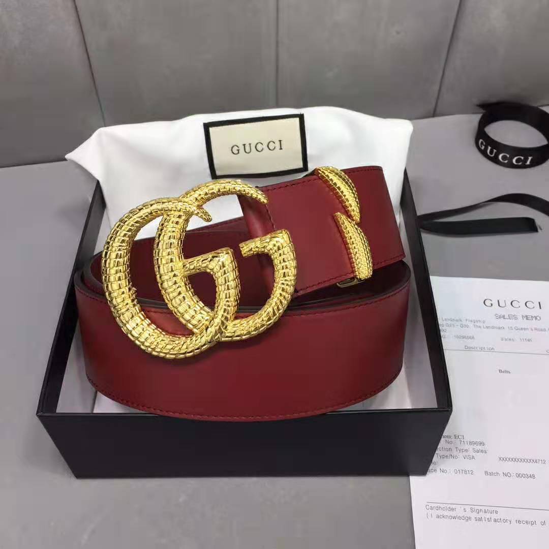 G*u*i unisex leather belt with double g buckle in burgundy leather