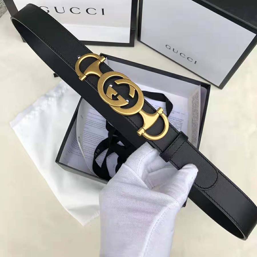 G*u*i unisex leather belt with interlocking g horsebit-black