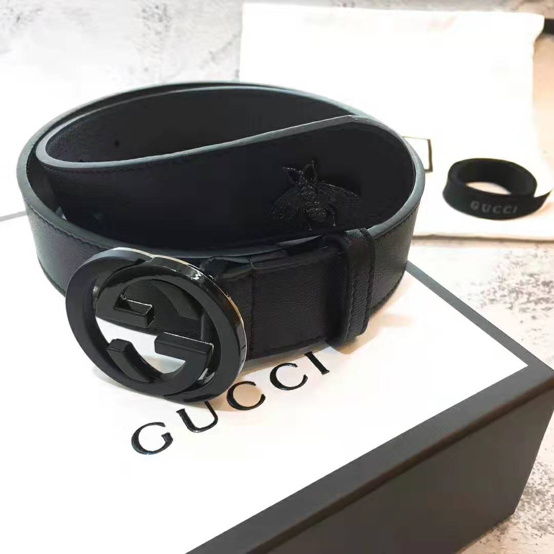 G*u*i unisex leather belt with interlocking g in black leather