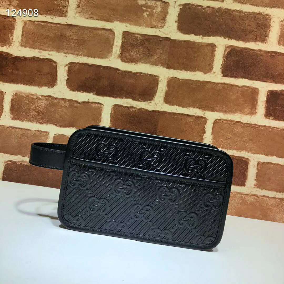 G*u*i gg unisex gg embossed cosmetic case black embossed leather