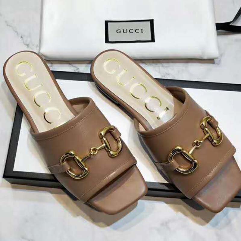 G*u*i women’s leather slide sandal with horsebit brown leather