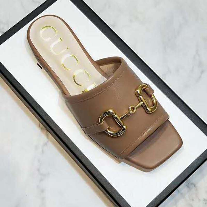 G*u*i women’s leather slide sandal with horsebit brown leather