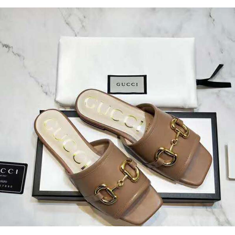 G*u*i women’s leather slide sandal with horsebit brown leather