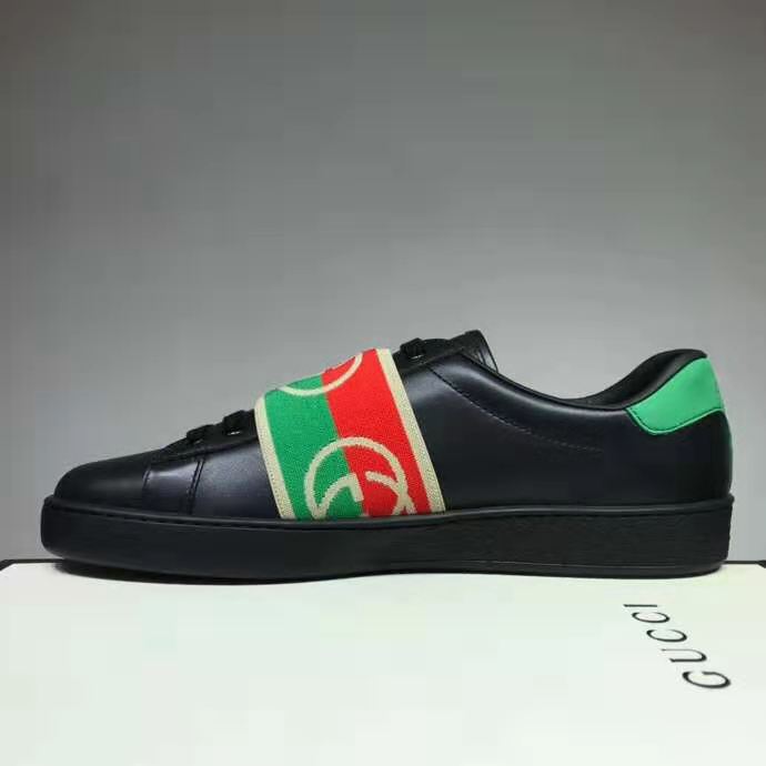 G*u*i gg unisex ace sneaker with elastic web interlocking g black leather
