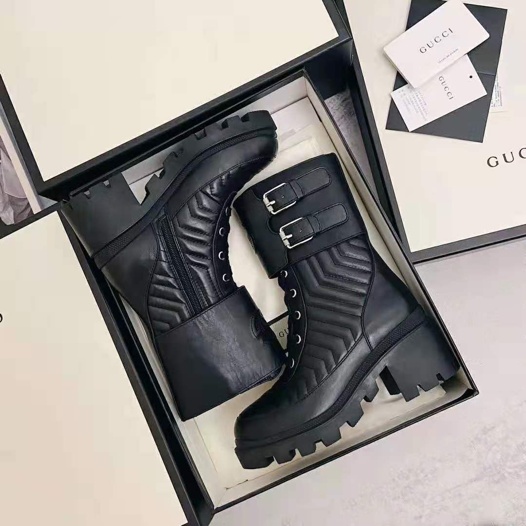G*u*i gg women’s boot with interlocking g black chevron matelassè leather