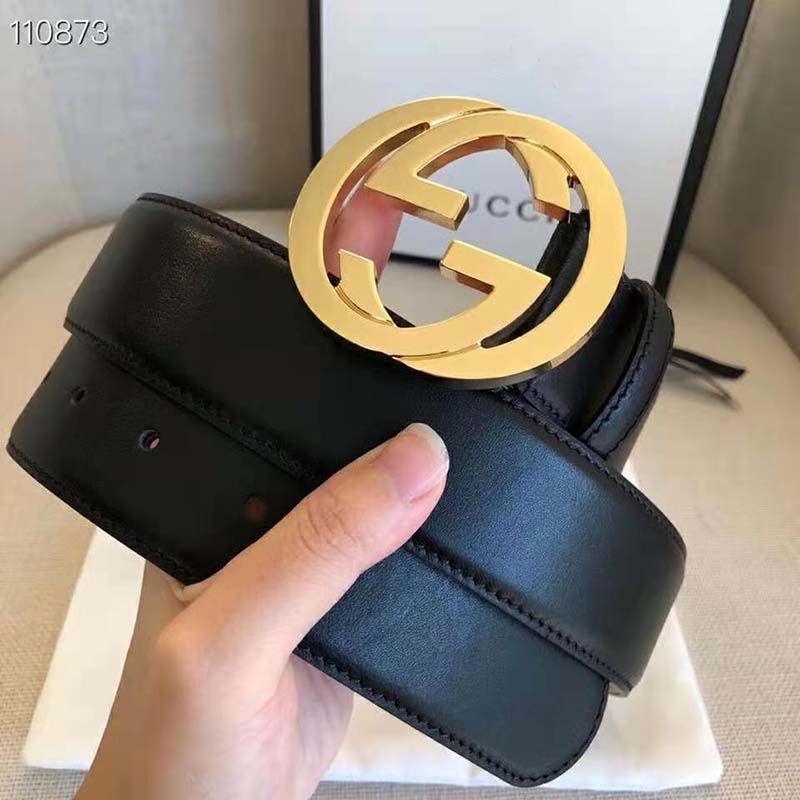 G*u*i gg unisex leather belt with interlocking g buckle black 4 cm width