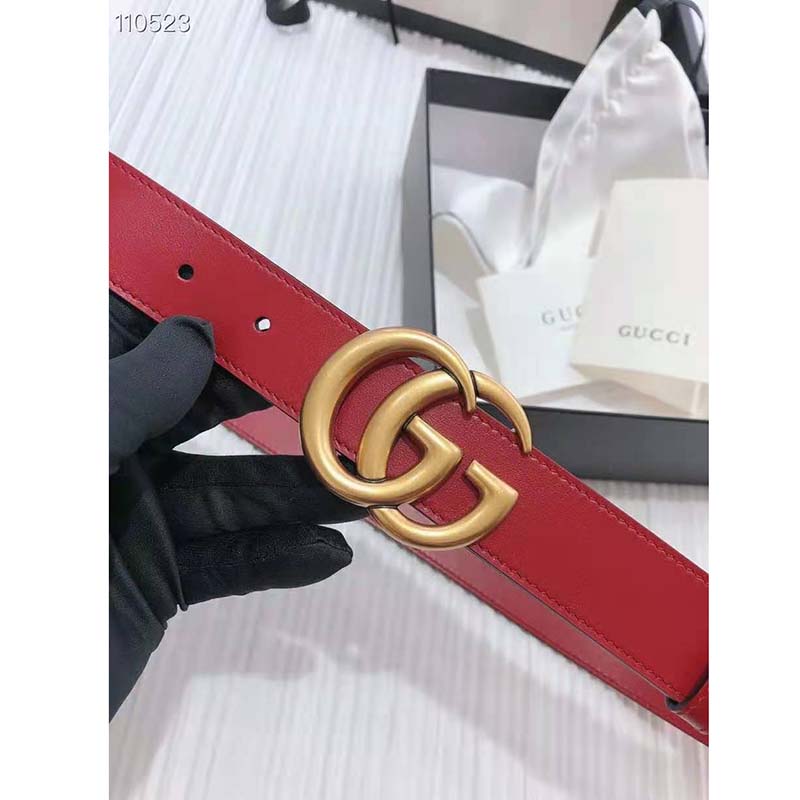 G*u*i unisex gg marmont thin leather belt with shiny double g buckle-red