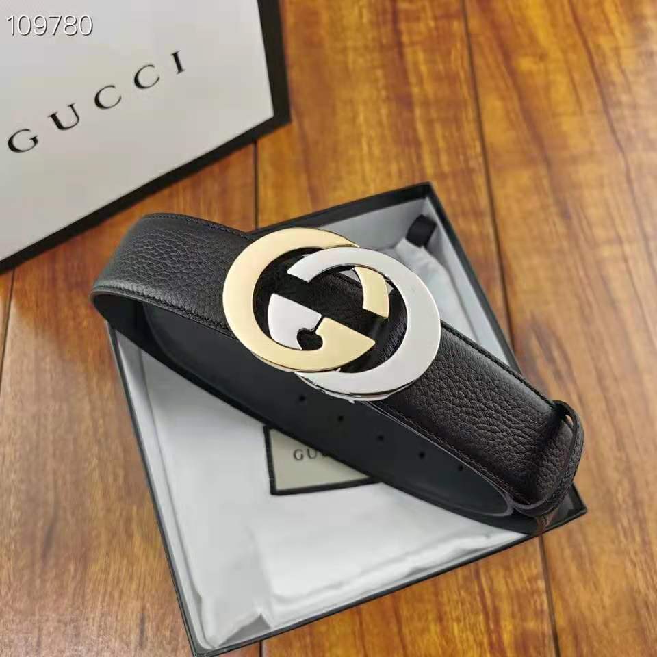 G*u*i unisex leather belt with interlocking g buckle 4 cm width black leather