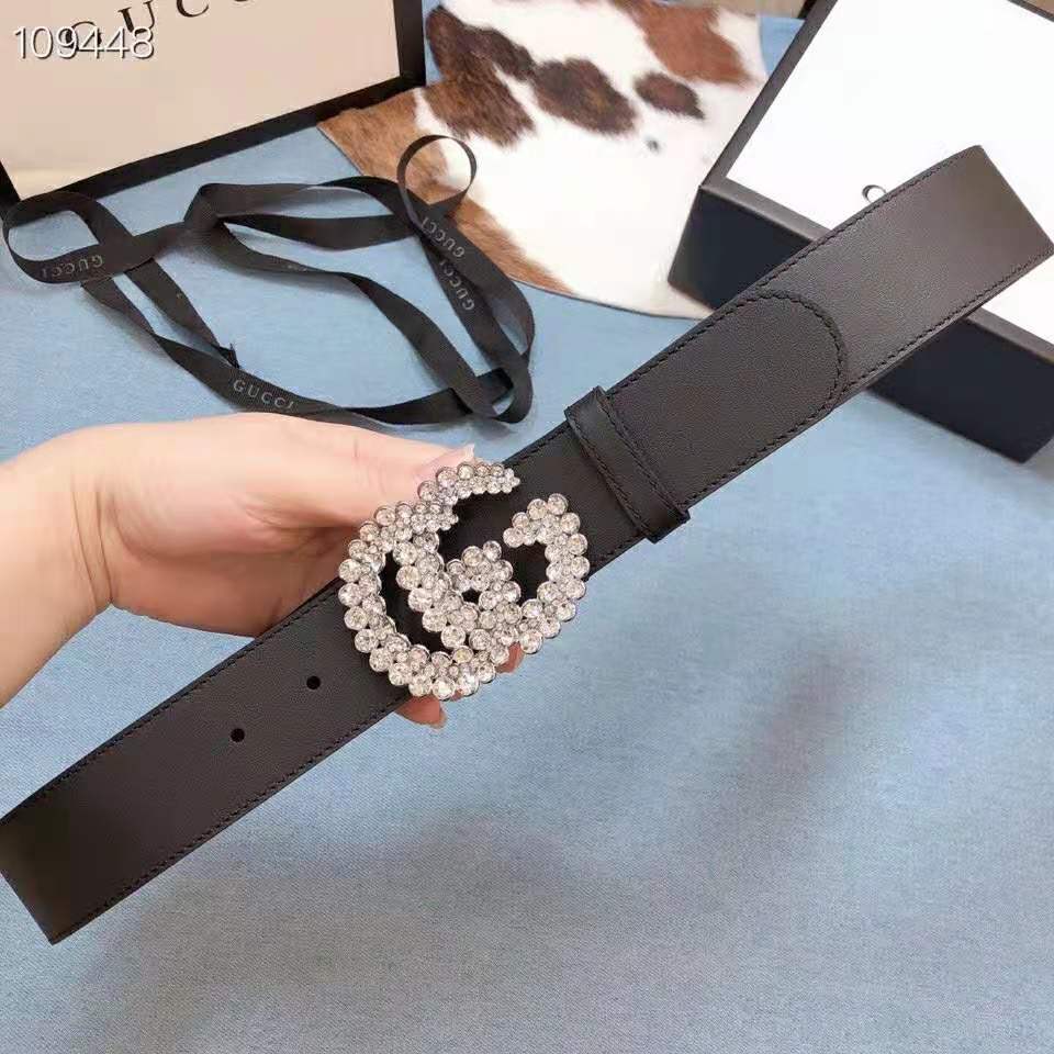 G*u*i women gg leather belt with double g buckle 4 cm width-black