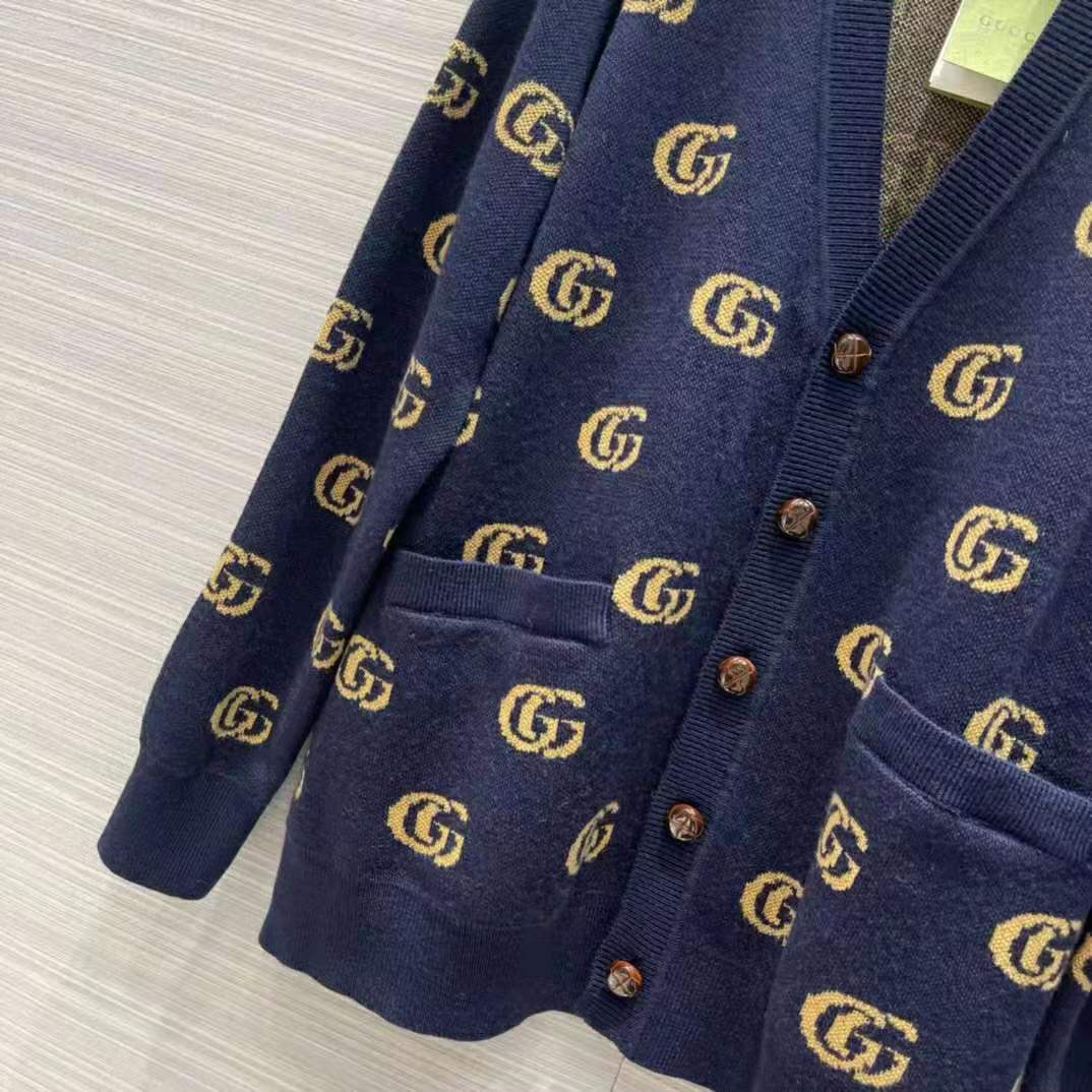 G*u*i men double g jacquard wool cardigan front pockets blue and beige