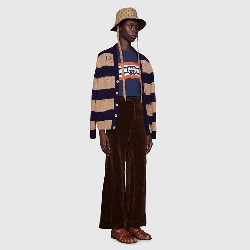 G*u*i men interlocking g stripe print t-shirt cotton jersey crewneck oversize fit-navy