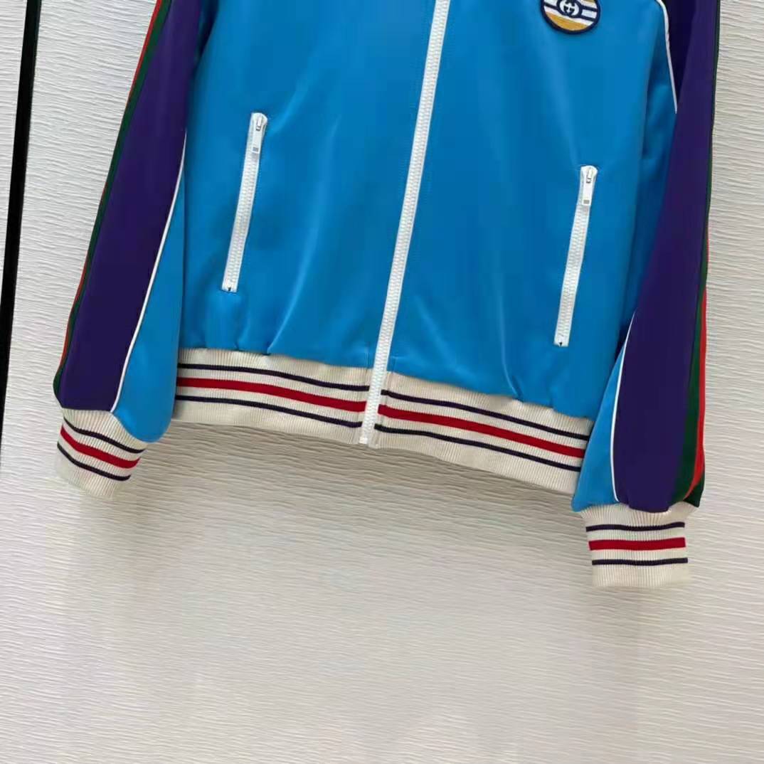 G*u*i women technical jersey zip-up jacket with web interlocking g-blue