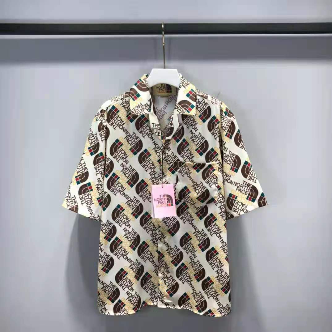 G*u*i men the north face x G*u*i web print silk shirt chest pocket button front
