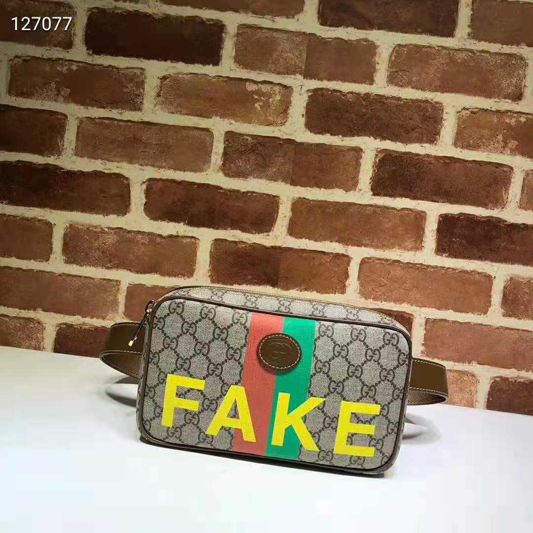 G*u*i unisex ‘fake/not’ print belt bag beige and ebony gg supreme canvas