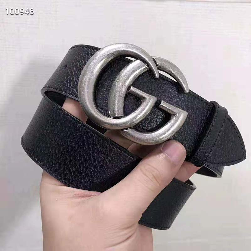 G*u*i unisex leather belt with double g buckle 4 cm width-black