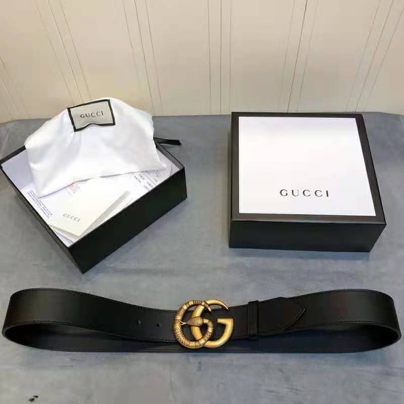 G*u*i unisex leather belt with double g buckle with snake 4 cm width black