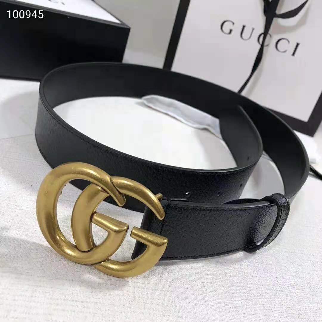 G*u*i unisex wide leather belt with double g buckle 4 cm width-black