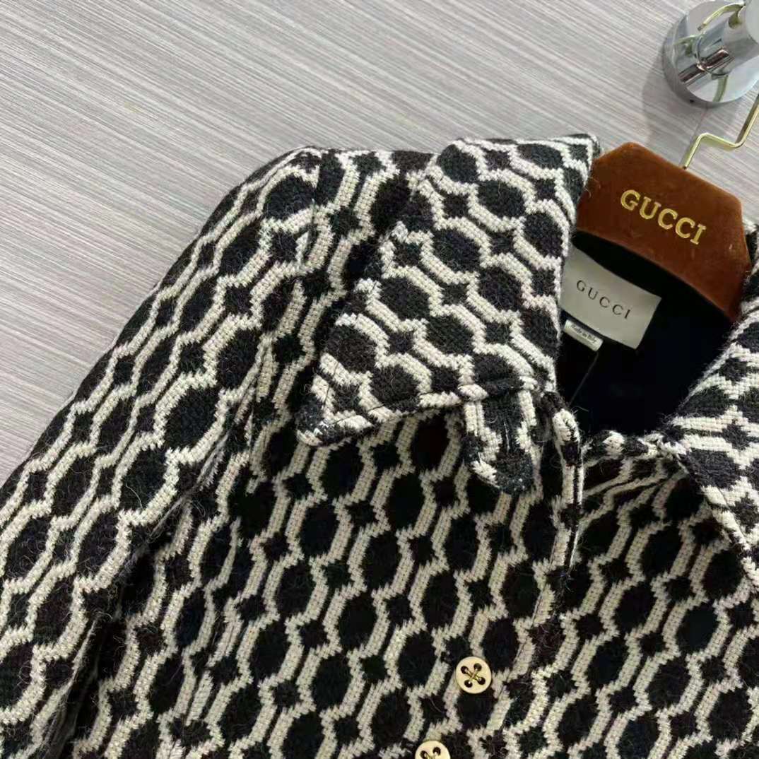 G*u*i women optical tweed jacket wool black and ivory optical tweed point collar