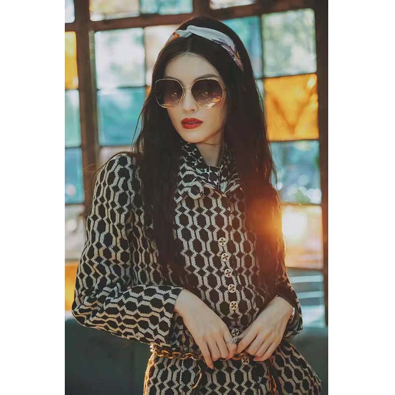 G*u*i women optical tweed jacket wool black and ivory optical tweed point collar