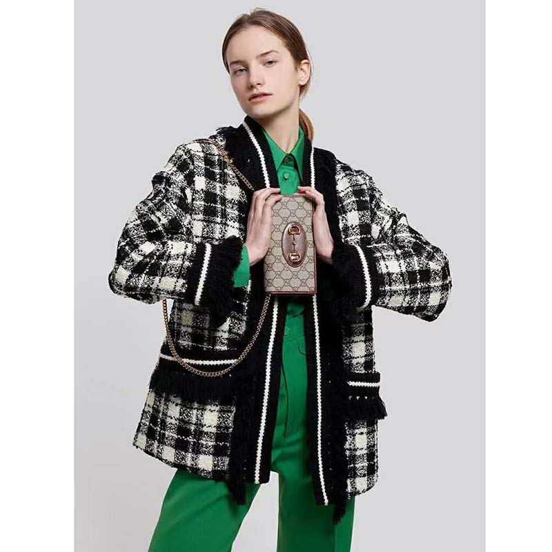 G*u*i women tweed jacket ivory and black check tweed black ribbon wool
