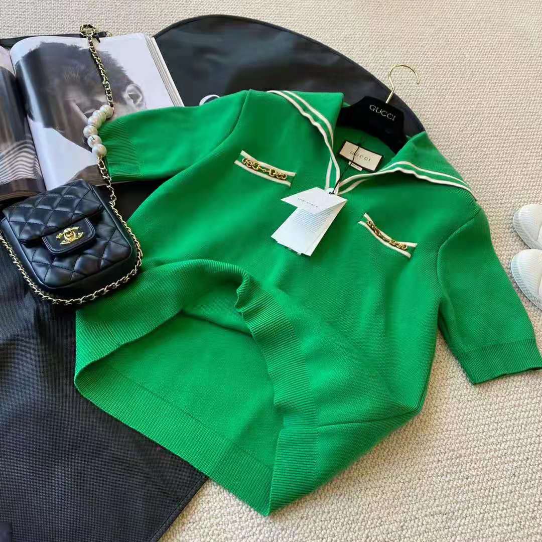 G*u*i women wool polo shirt with contrast trim front pockets button-through placket
