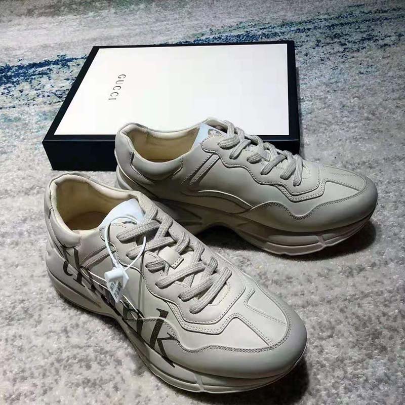 G*u*i gg men’s think thank print rhyton sneaker ivory leather
