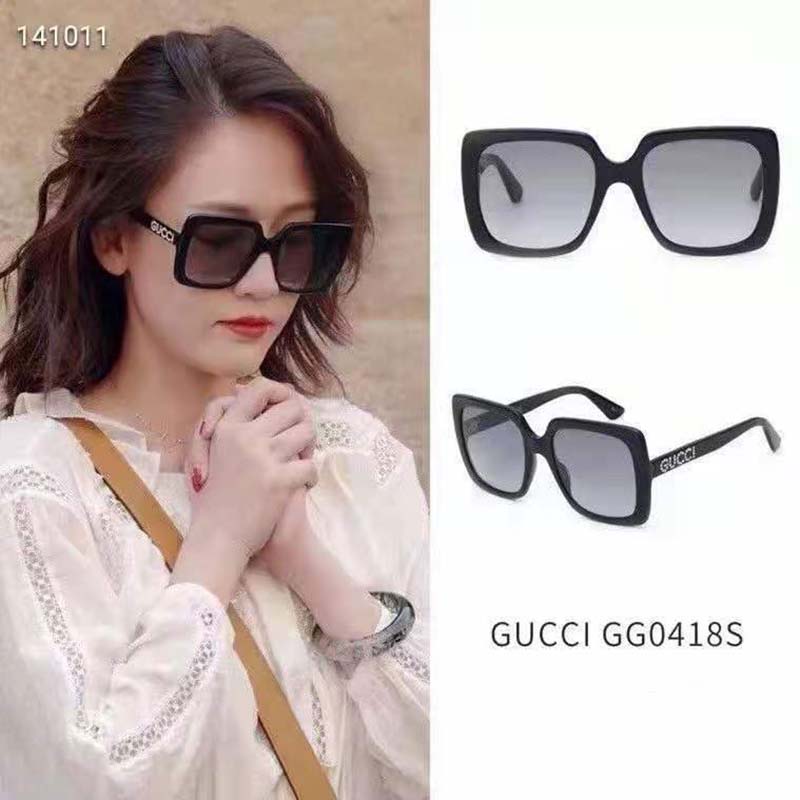 G*u*i unisex rectangular-frame acetate sunglasses shiny black acetate temples crystals