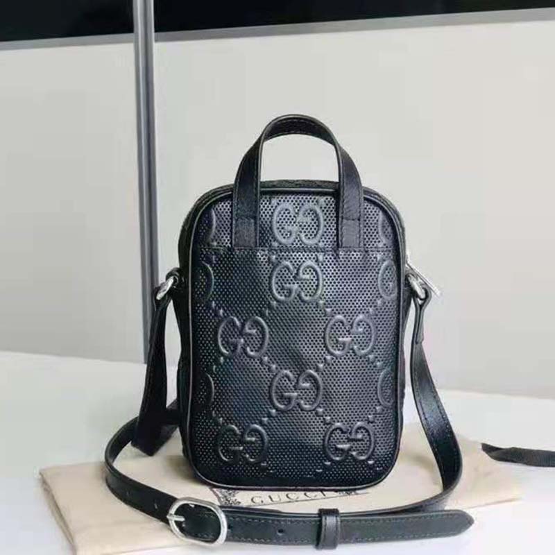 G*u*i gg unisex embossed mini bag black leather cotton linen