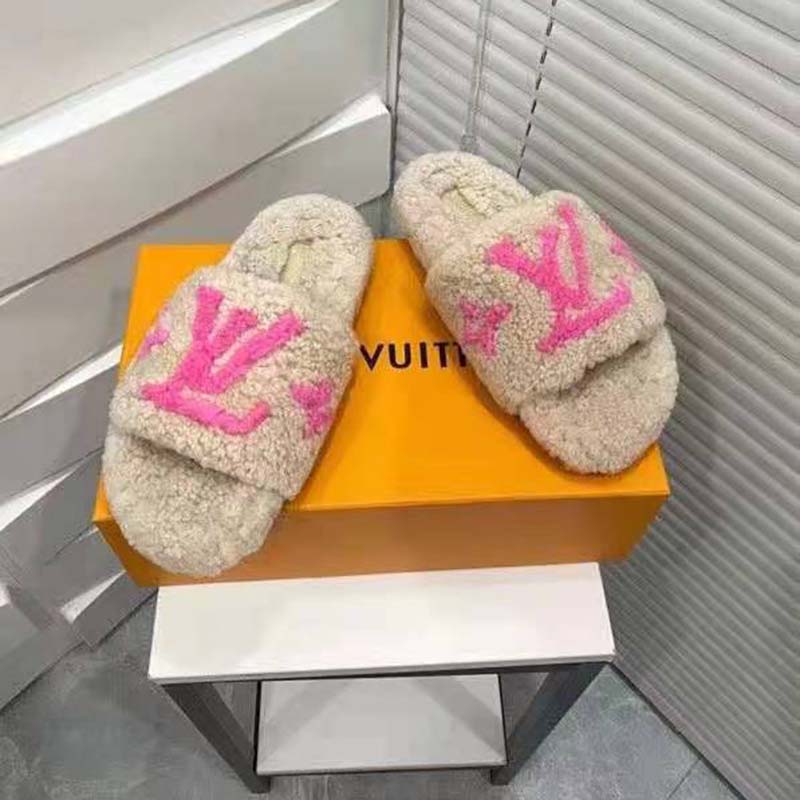 Louis Vuitton LV Women Paseo Flat Comfort Mule Beige Shearling LV Initials Monogram Flowers