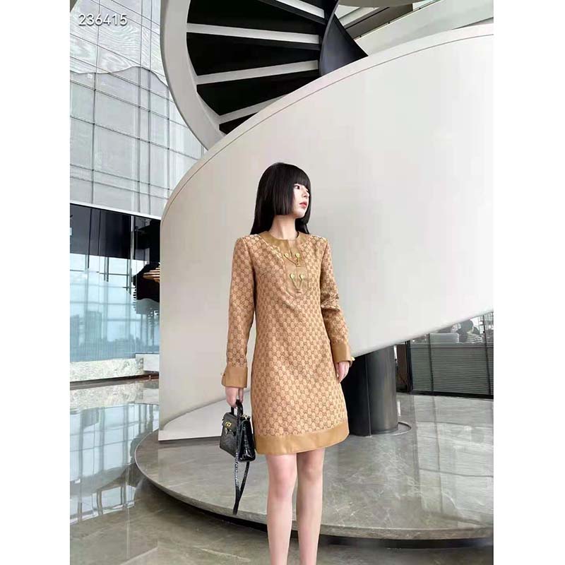 G*u*i women gg linen canvas kaftan beige ebony leather toggle chain