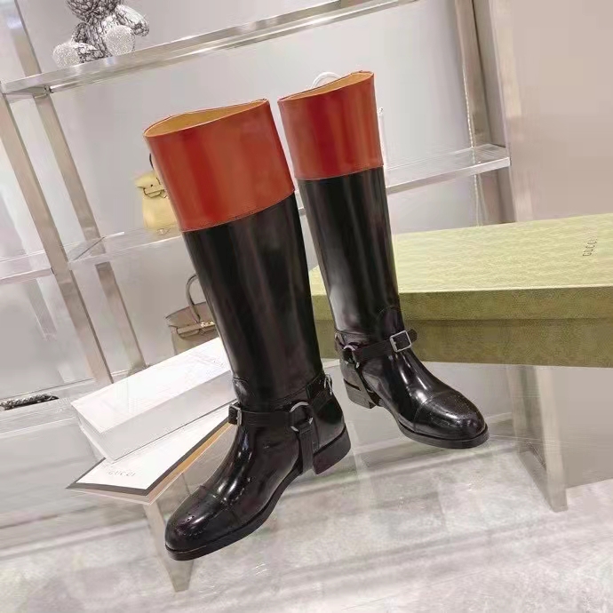 G*u*i gg women knee-high boot harness black brown leather interlocking g
