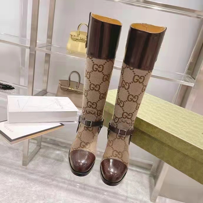 G*u*i women knee-high boot harness beige ebony maxi gg canvas interlocking g