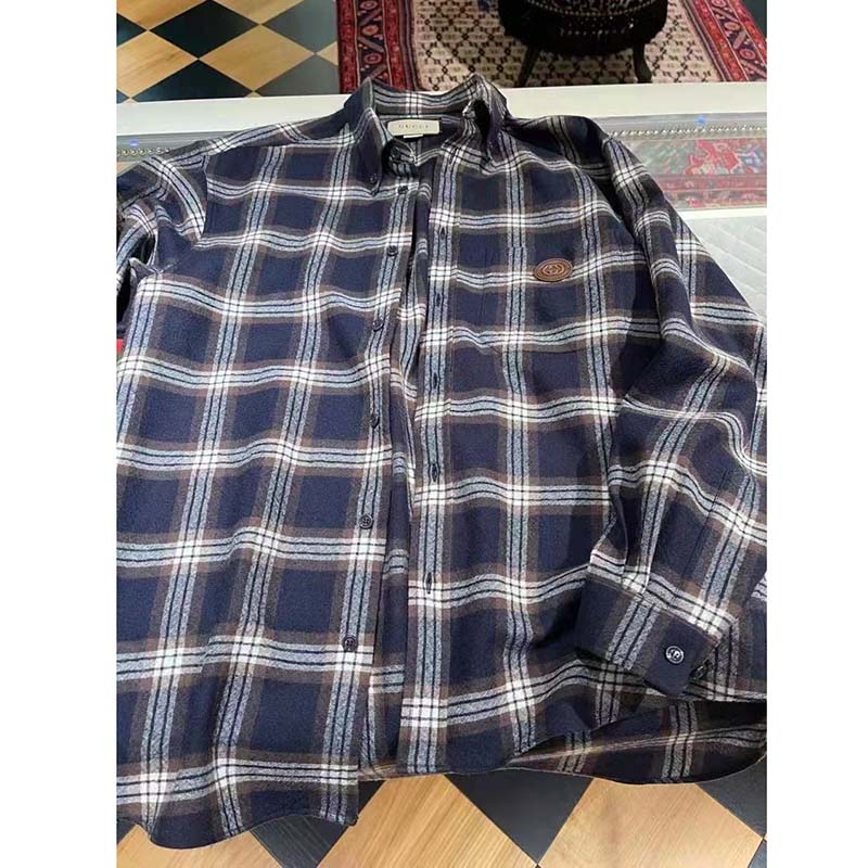 G*u*i men check wool shirt blue yellow check leather interlocking g tag