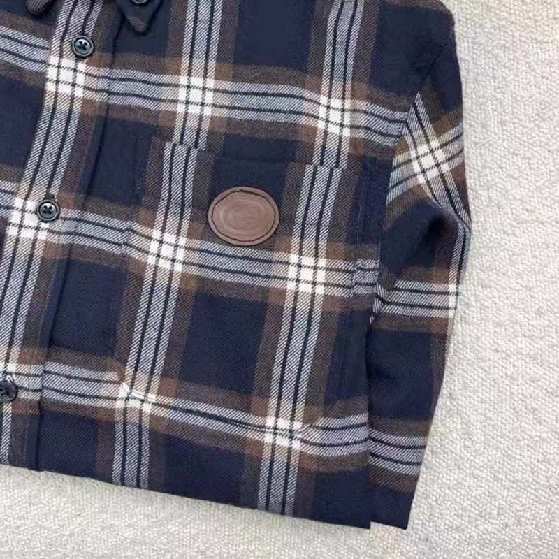 G*u*i men check wool shirt blue yellow check leather interlocking g tag