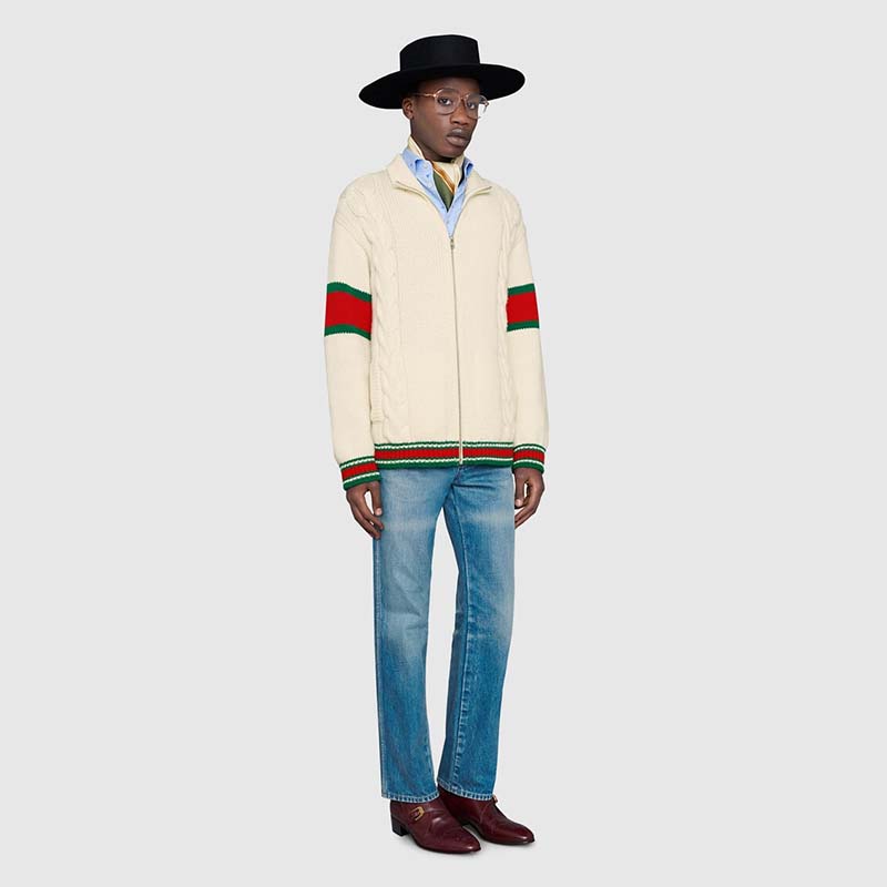 G*u*i men gg cable knit bomber jacket off-white cable knit wool