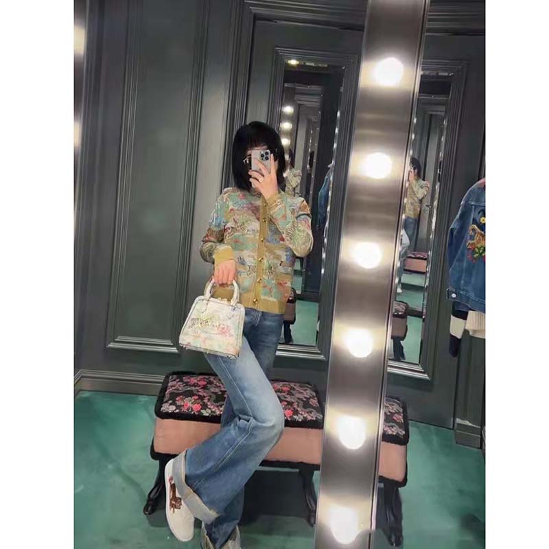 G*u*i women gg tiger jacquard cardigan gold green tiger flower extra fine lurex crewneck
