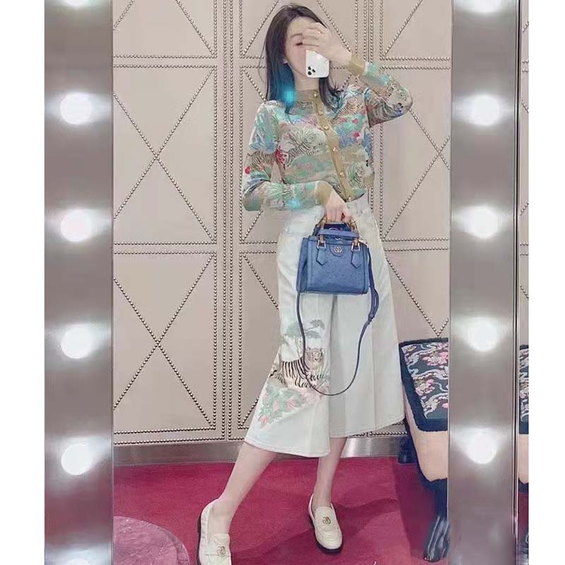 G*u*i women gg tiger jacquard cardigan gold green tiger flower extra fine lurex crewneck