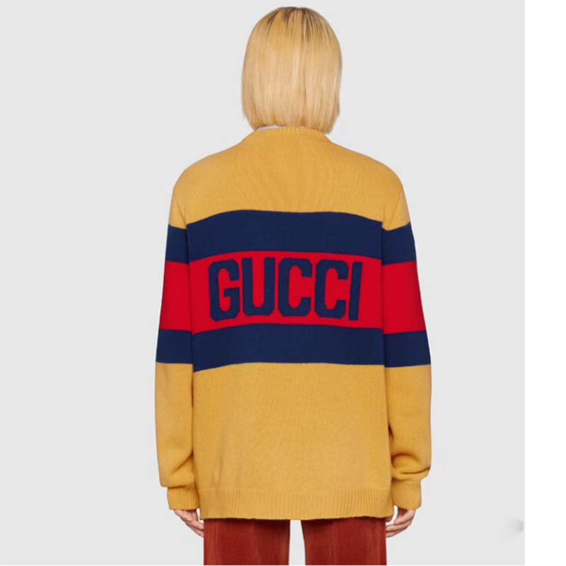 G*u*i men G*u*i 100 wool sweater yellow wool blue red web 100 intarsia