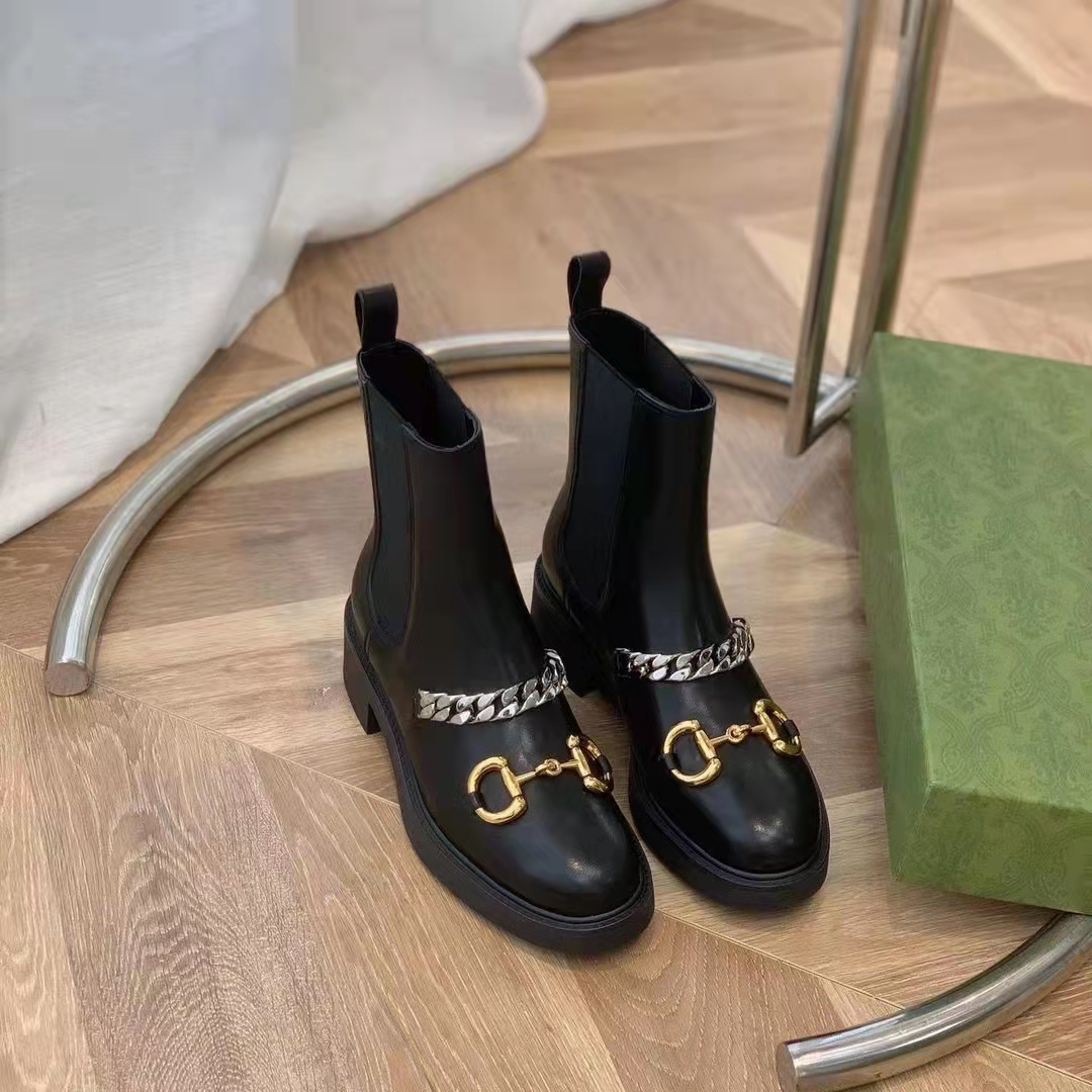 G*u*i women’s chelsea boot chain black leather horsebit 3 cm heel
